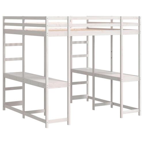 Højseng med skrivebord 160x200 cm massivt fyrretræ hvid