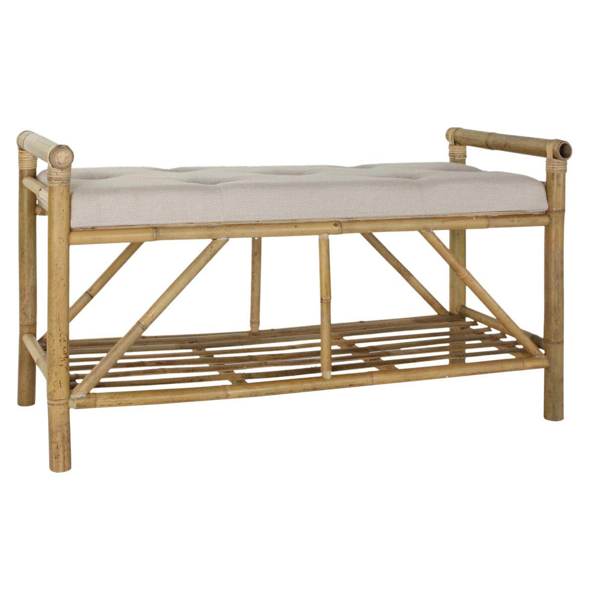 Bænk i bambus med beige bomuldspude - Natur/Brun (100 × 44 × 55 cm)
