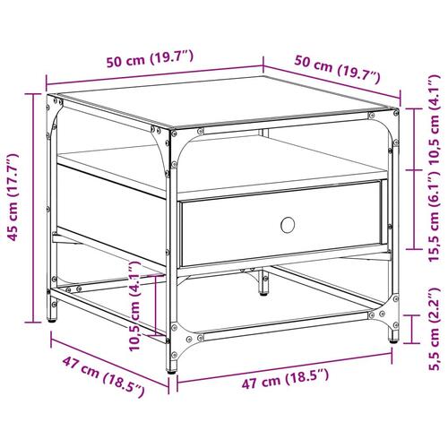 Sofabord med glasplade 50x50x45 cm røget egetræsfarve Stål