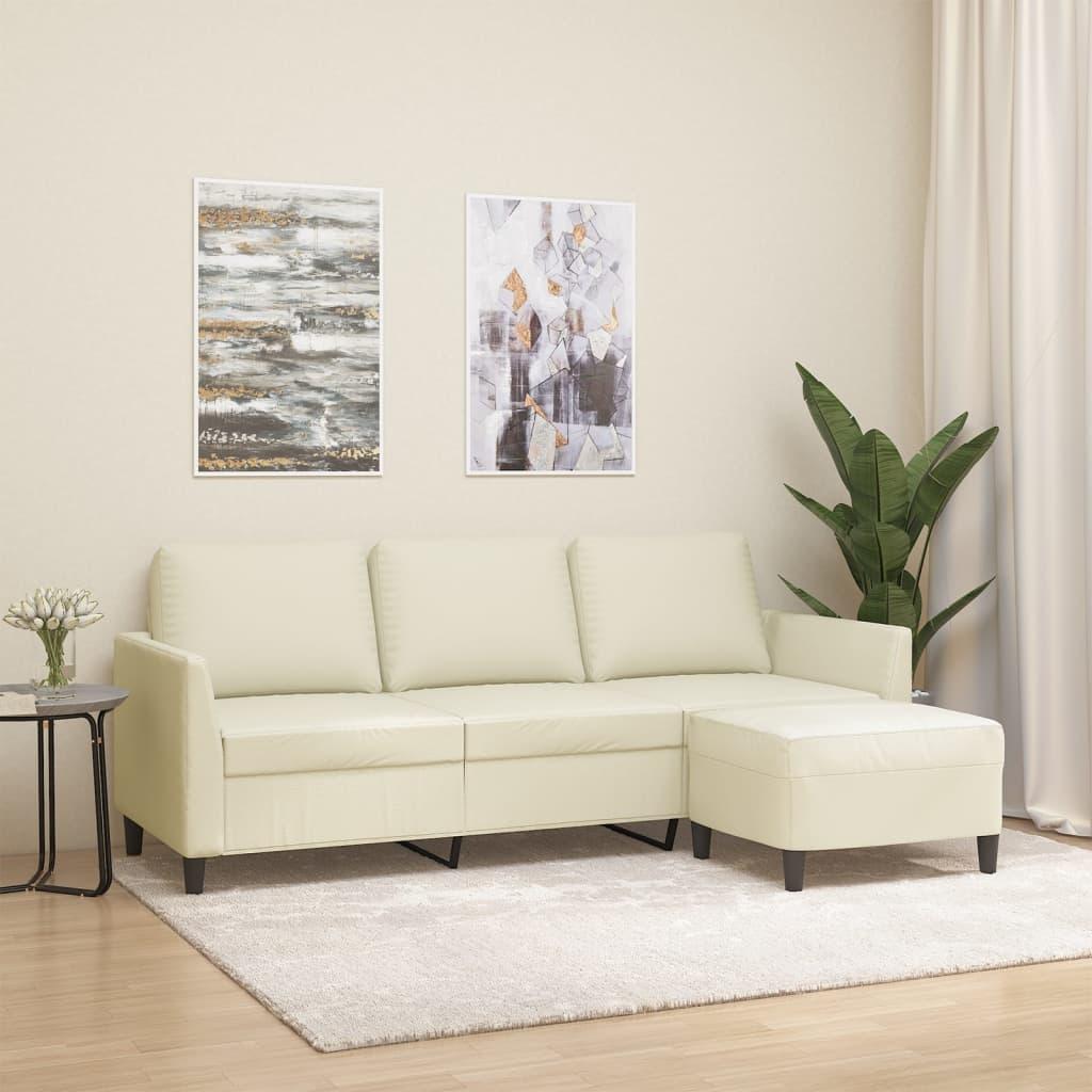 3-personers sofa med fodskammel 180 cm kunstlæder cremefarvet