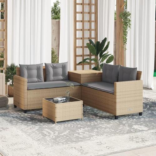 Havesofa med bord og hynder L-formet polyrattan beige