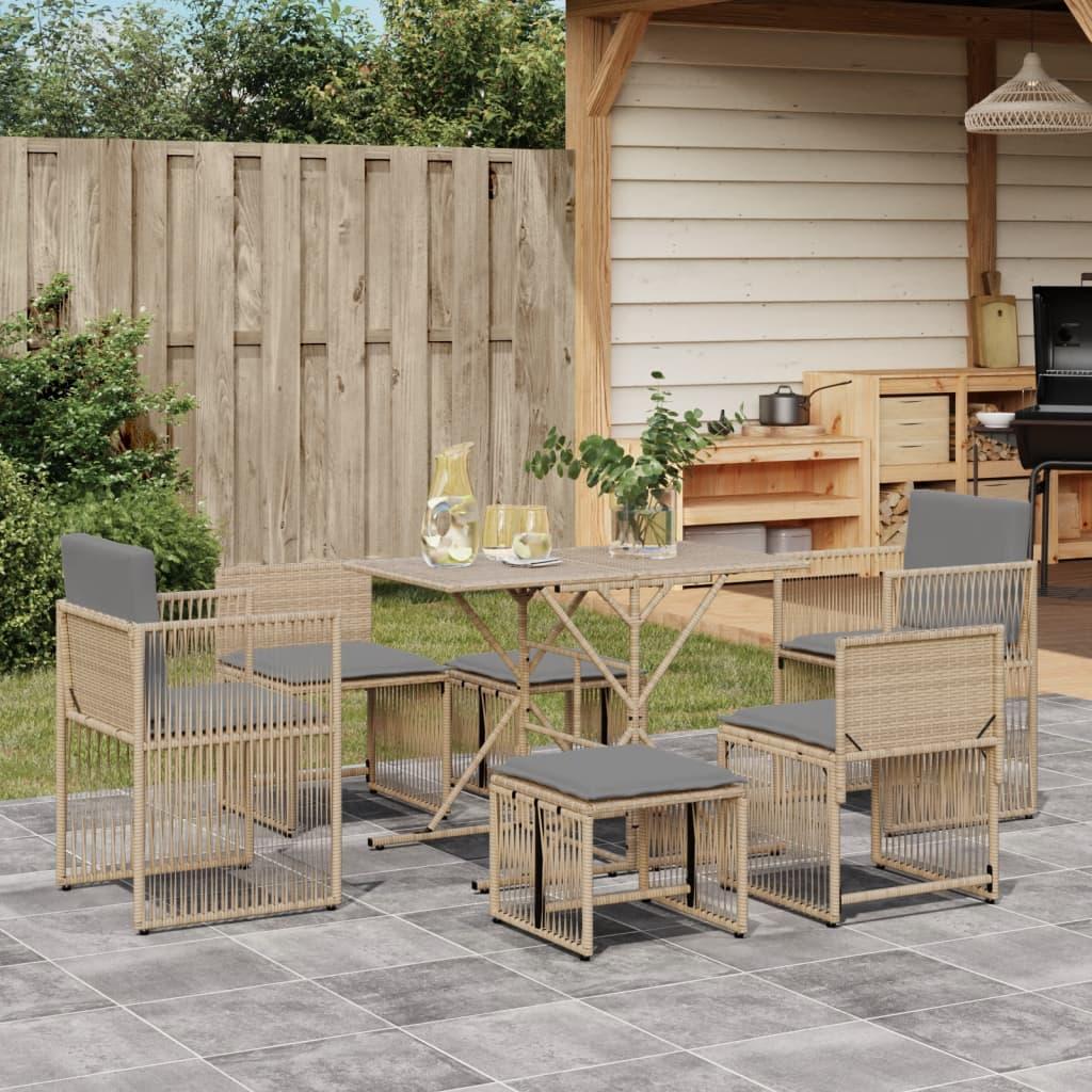 Spisebordssæt til haven 7 dele med hynder polyrattan beige billede