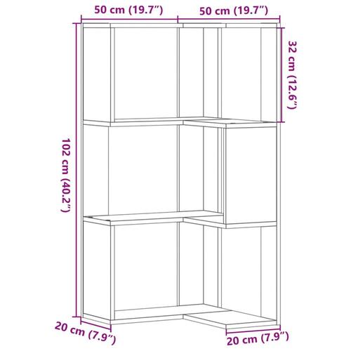 Bogreol til hjørne 50x50x102 cm 3 hylder konstrueret træ sort