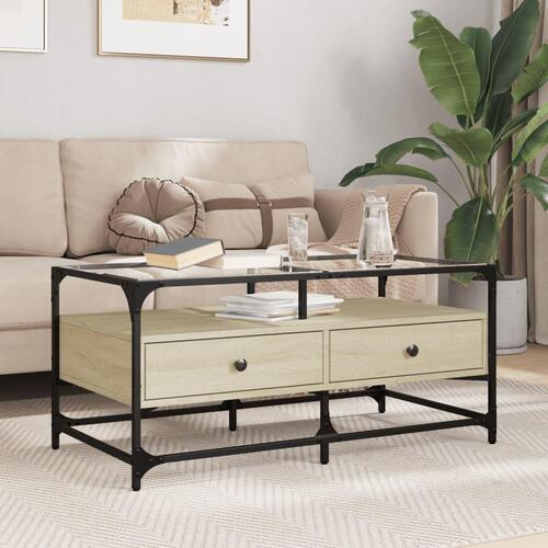 Sofabord med glasplade 98,5x50x45 cm sonoma-eg