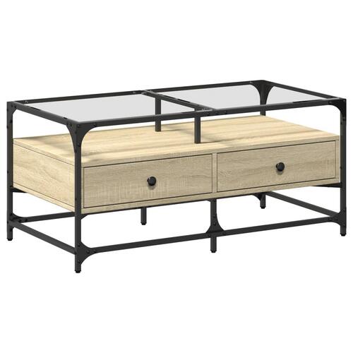 Sofabord med glasplade 98,5x50x45 cm sonoma-eg