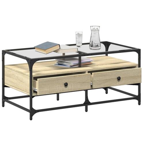 Sofabord med glasplade 98,5x50x45 cm sonoma-eg