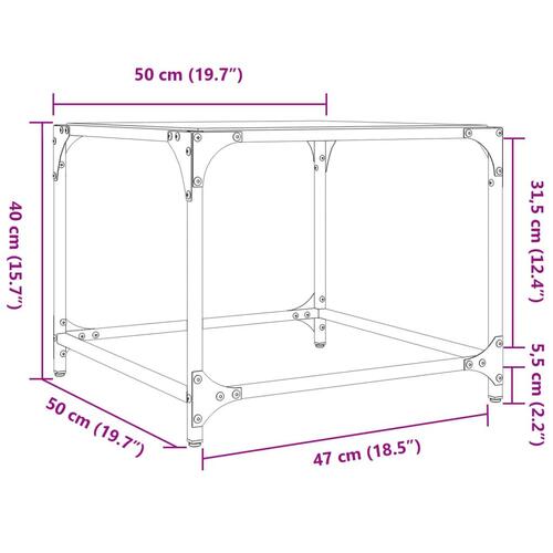 Sofabord med transparent glastop 50x50x40 cm stål