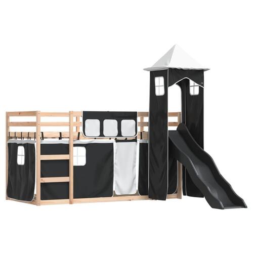 Køjeseng med rutsjebane og forhæng 90x200 cm hvid og sort