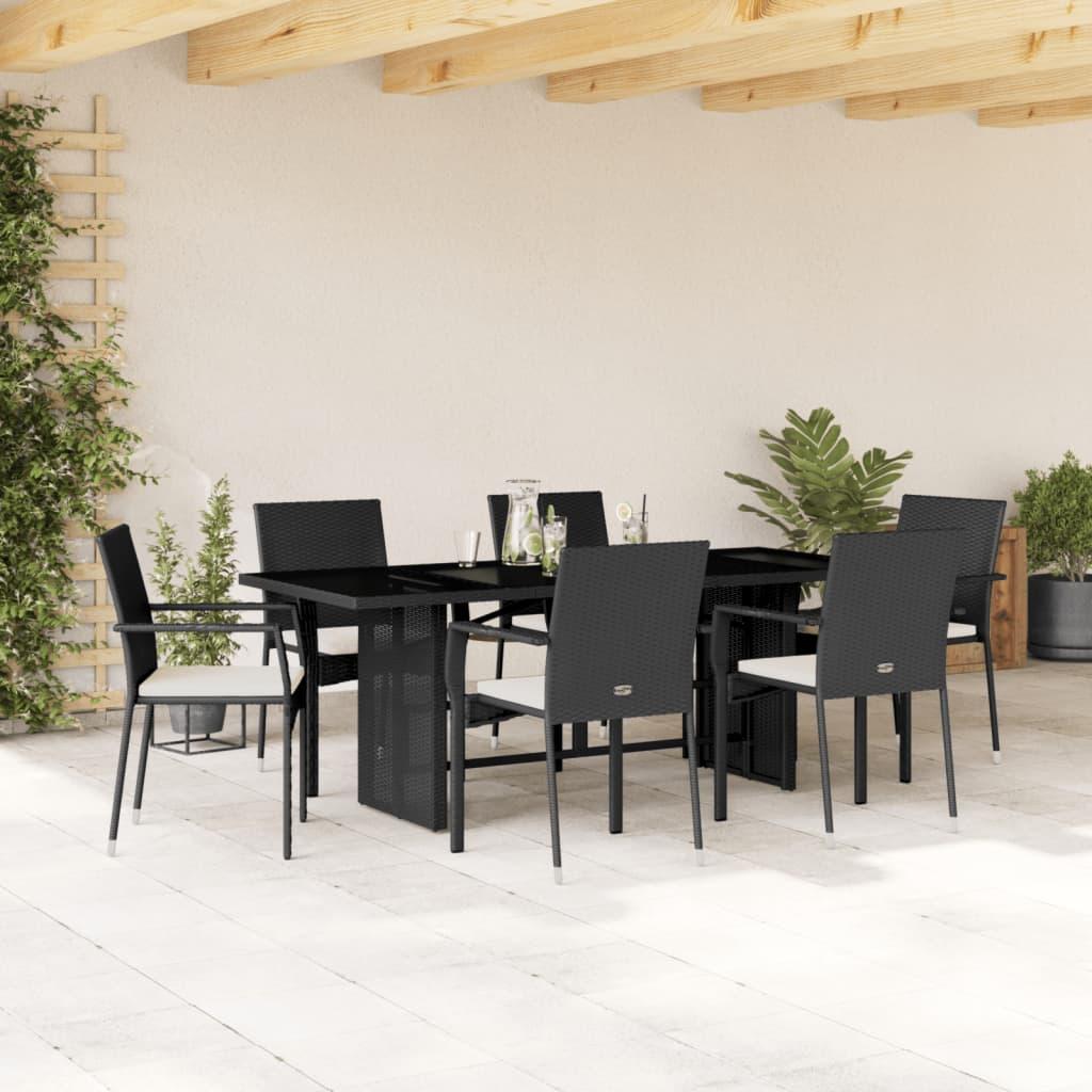 Spisebordssæt til haven 7 dele med hynder polyrattan sort