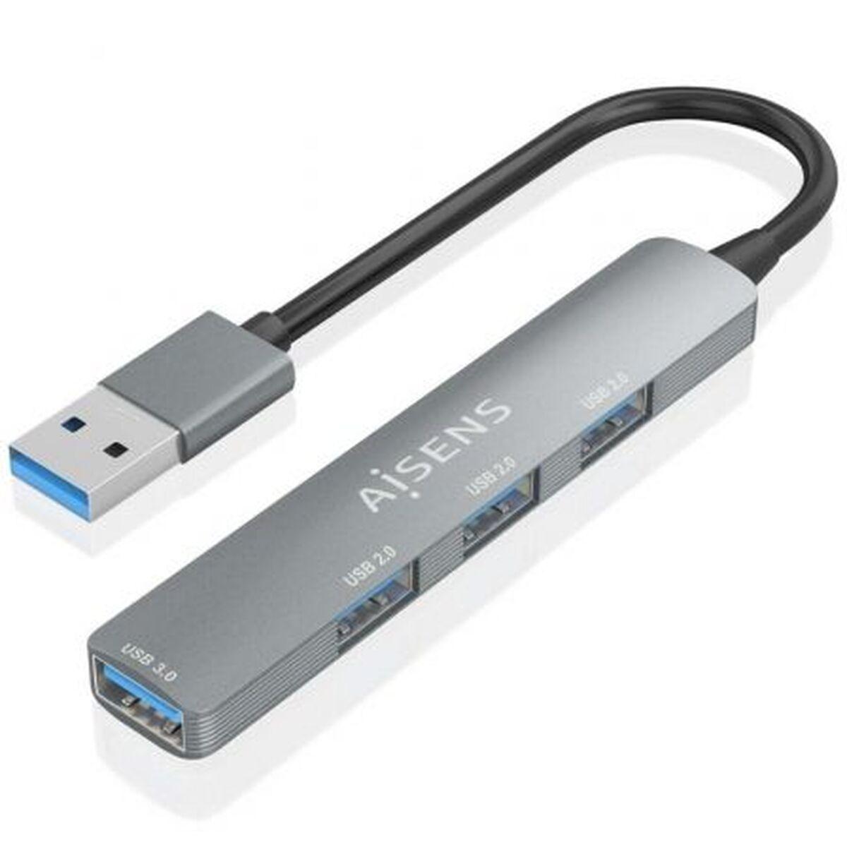 Aisens USB hub A106-0859, 4 porte, grå - USB 3.2/2.0, 10 cm
