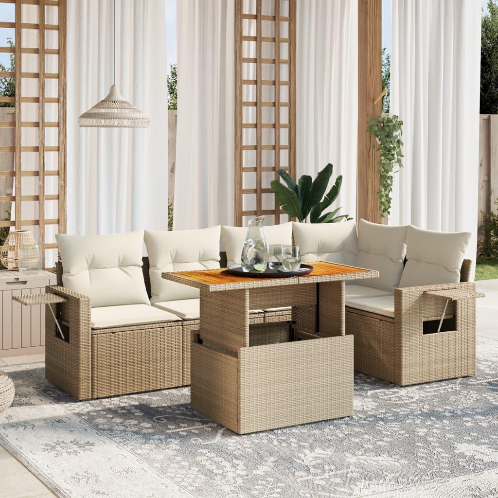 Sofasæt til haven 6 dele med hynder i polyrattan beige