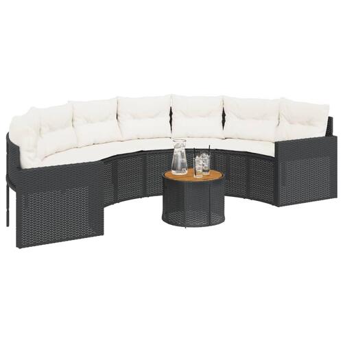 Havesofa med bord og hynder halvrund polyrattan sort
