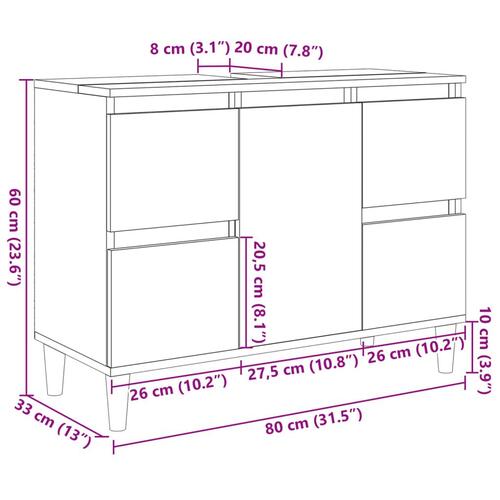Underskab til håndvask 80x33x60 cm konstrueret træ sonoma-eg