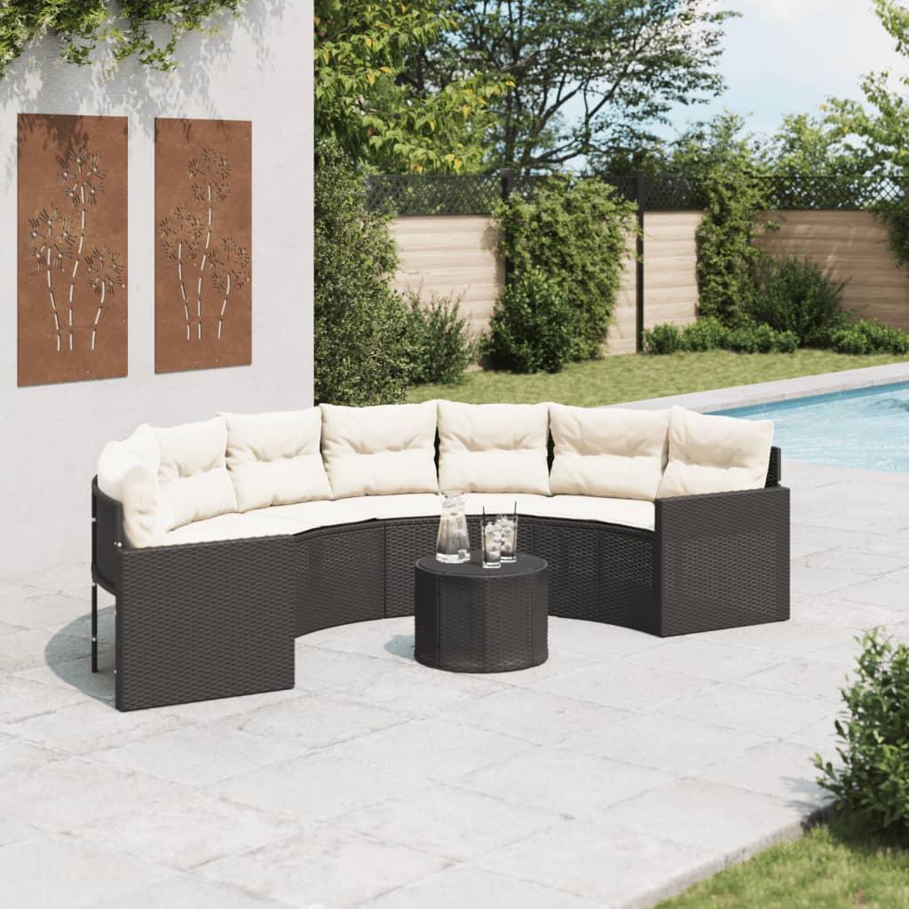 Havesofa med bord og hynder halvrund polyrattan sort billede