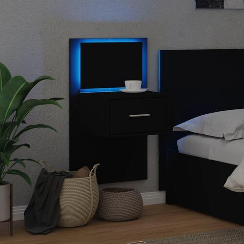 Væghængt sengebord med LED-lys sort