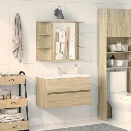 Badeværelsesskab med spejl 80x20,5x64 cm spånplade sonoma-eg