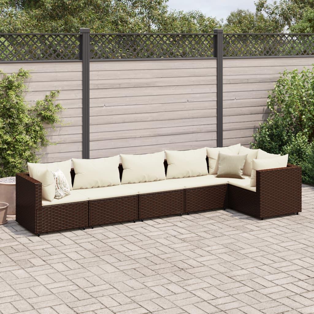 Loungesæt til haven 6 dele med hynder polyrattan brun