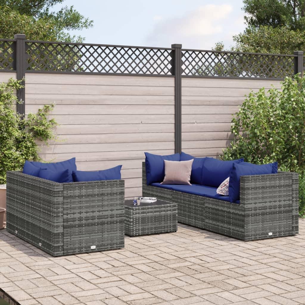 Loungesæt til haven 6 dele med hynder polyrattan grå