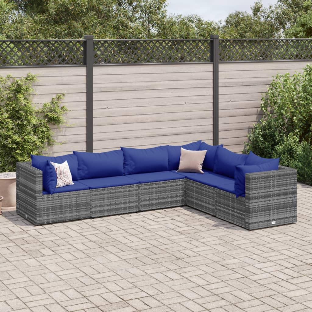 Loungesæt til haven 6 dele med hynder polyrattan grå