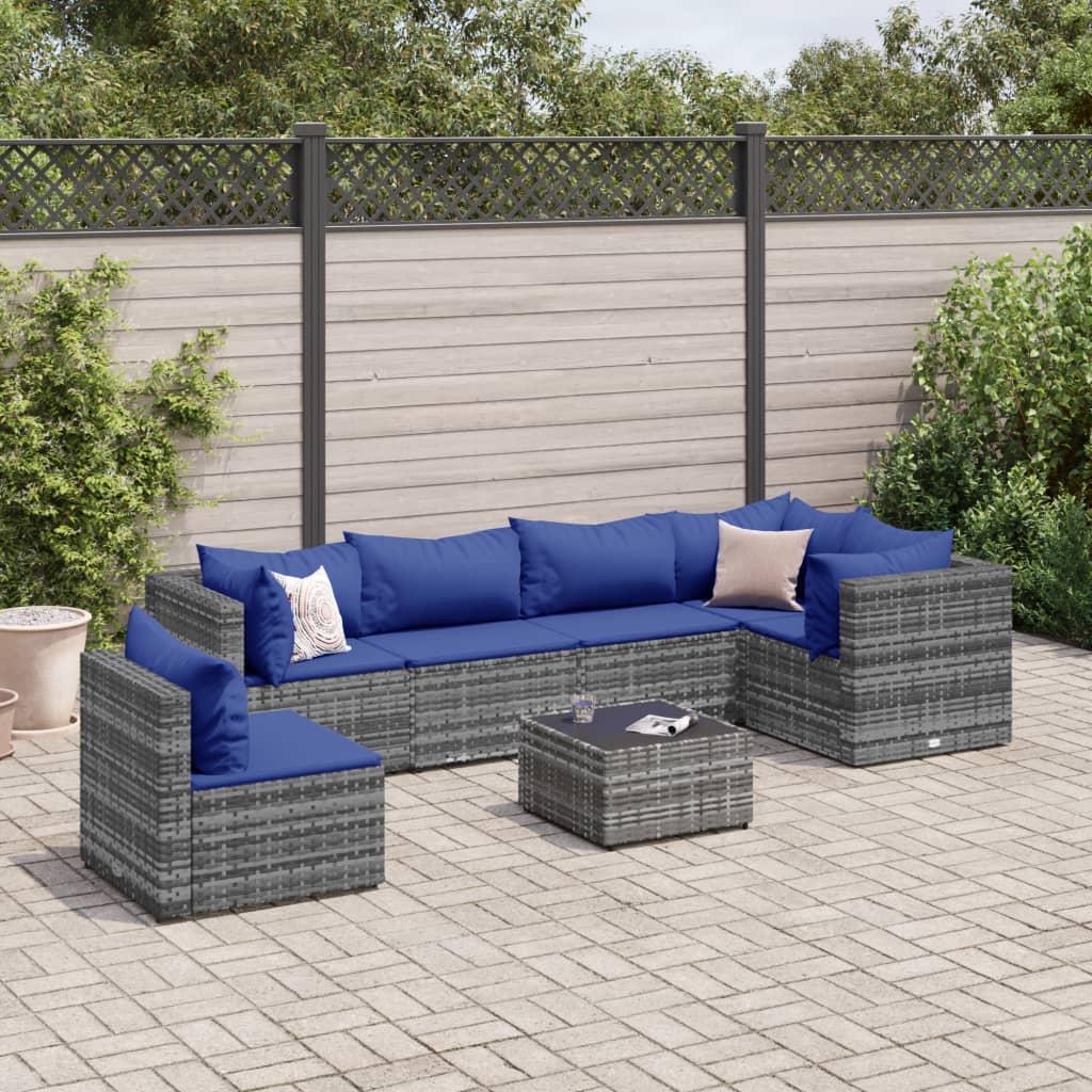 Loungesæt til haven 7 dele med hynder polyrattan grå