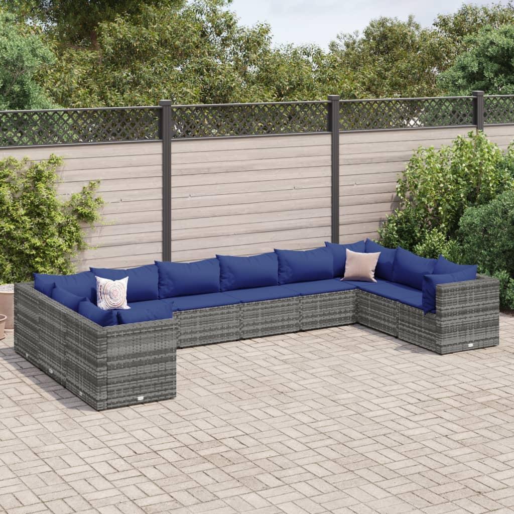 Loungesæt til haven 10 dele med hynder polyrattan grå
