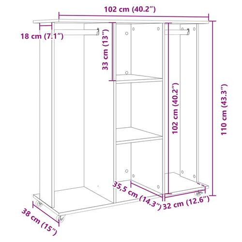 Klædeskab med hjul 102x38x110 cm konstrueret træ røget egetræ