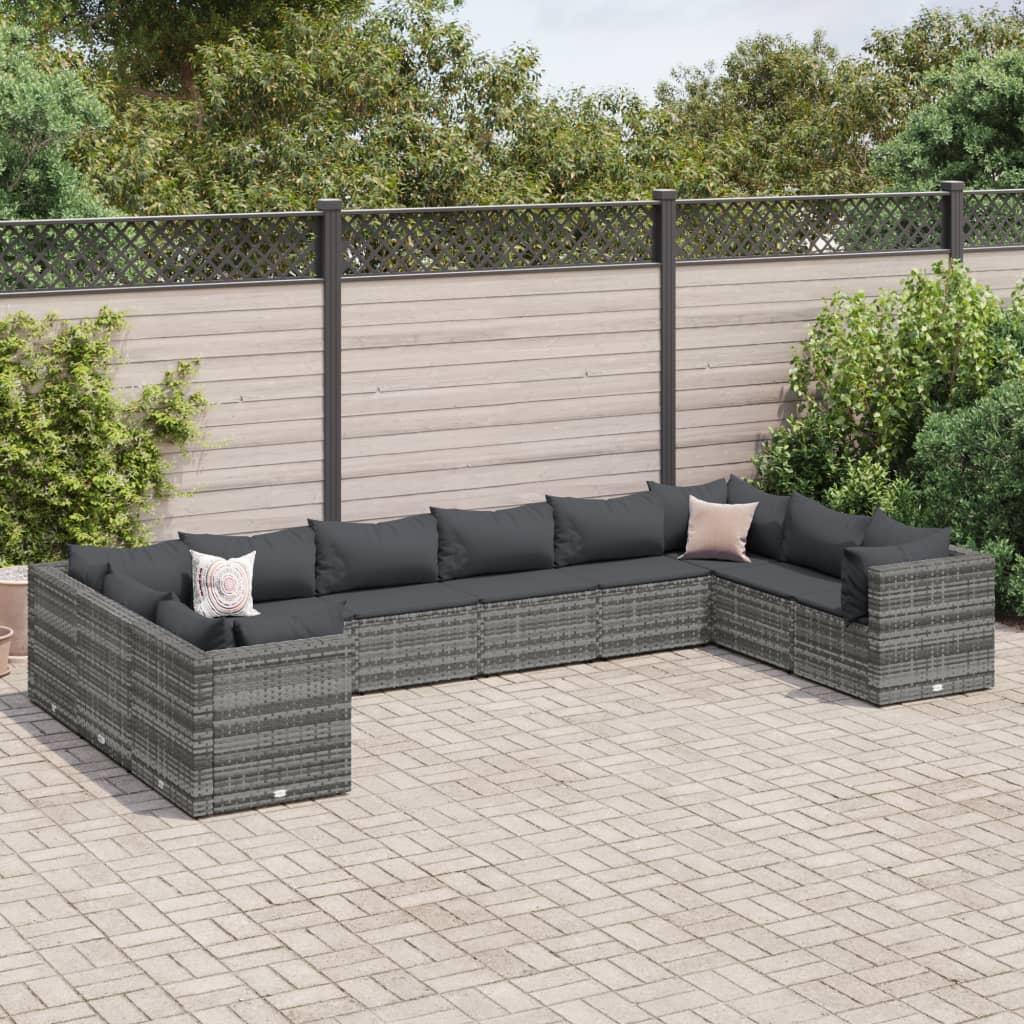 Loungesæt til haven 10 dele med hynder polyrattan grå