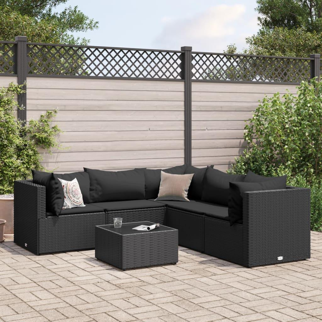 Loungesæt til haven 6 dele med hynder polyrattan sort