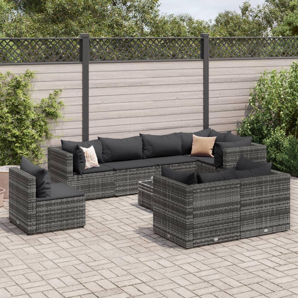 Loungesæt til haven 9 dele med hynder polyrattan grå