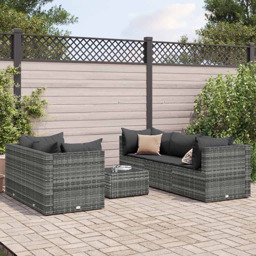 Loungesæt til haven 6 dele med hynder polyrattan grå