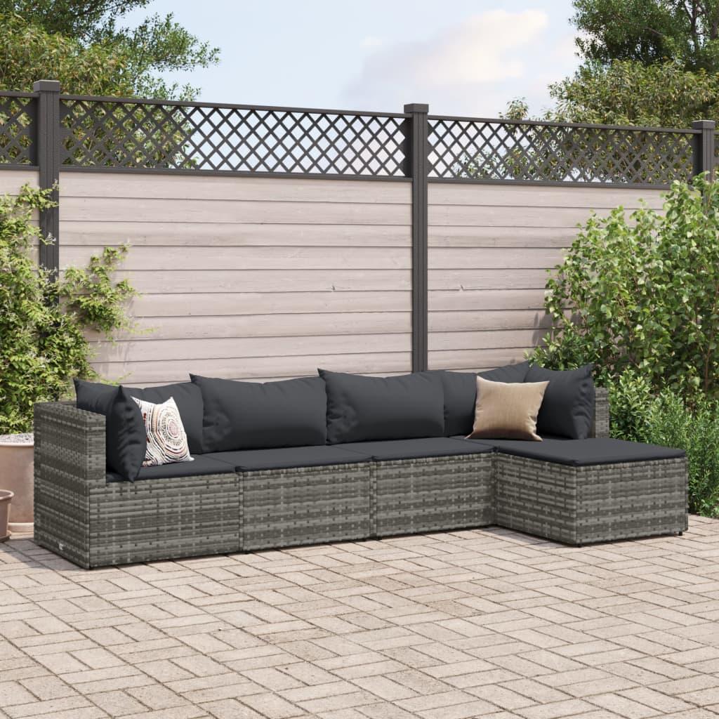 Loungesæt til haven 5 dele med hynder polyrattan grå
