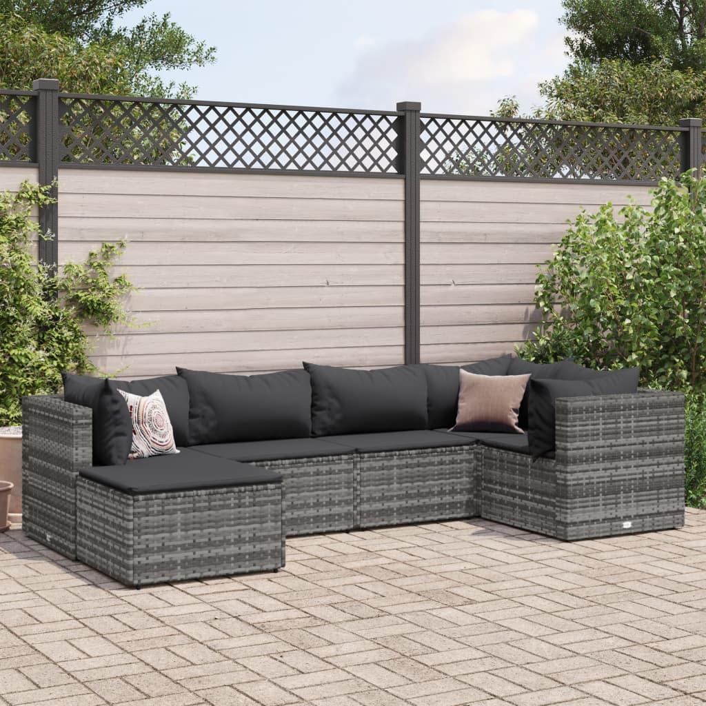 Loungesæt til haven 6 dele med hynder polyrattan grå