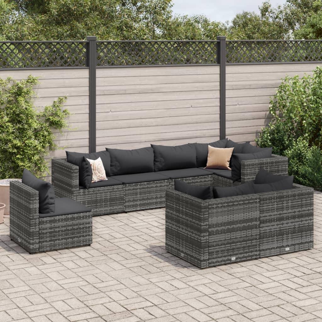 Loungesæt til haven 8 dele med hynder polyrattan grå
