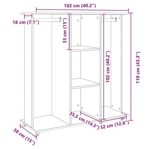 Klædeskab med hjul 102x38x110 cm konstrueret træ betongrå