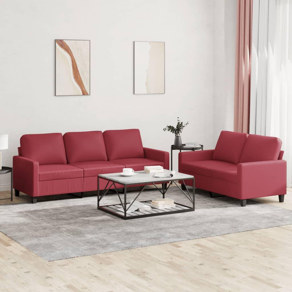 2 personers sofa med hynder kunstlæder vinrød
