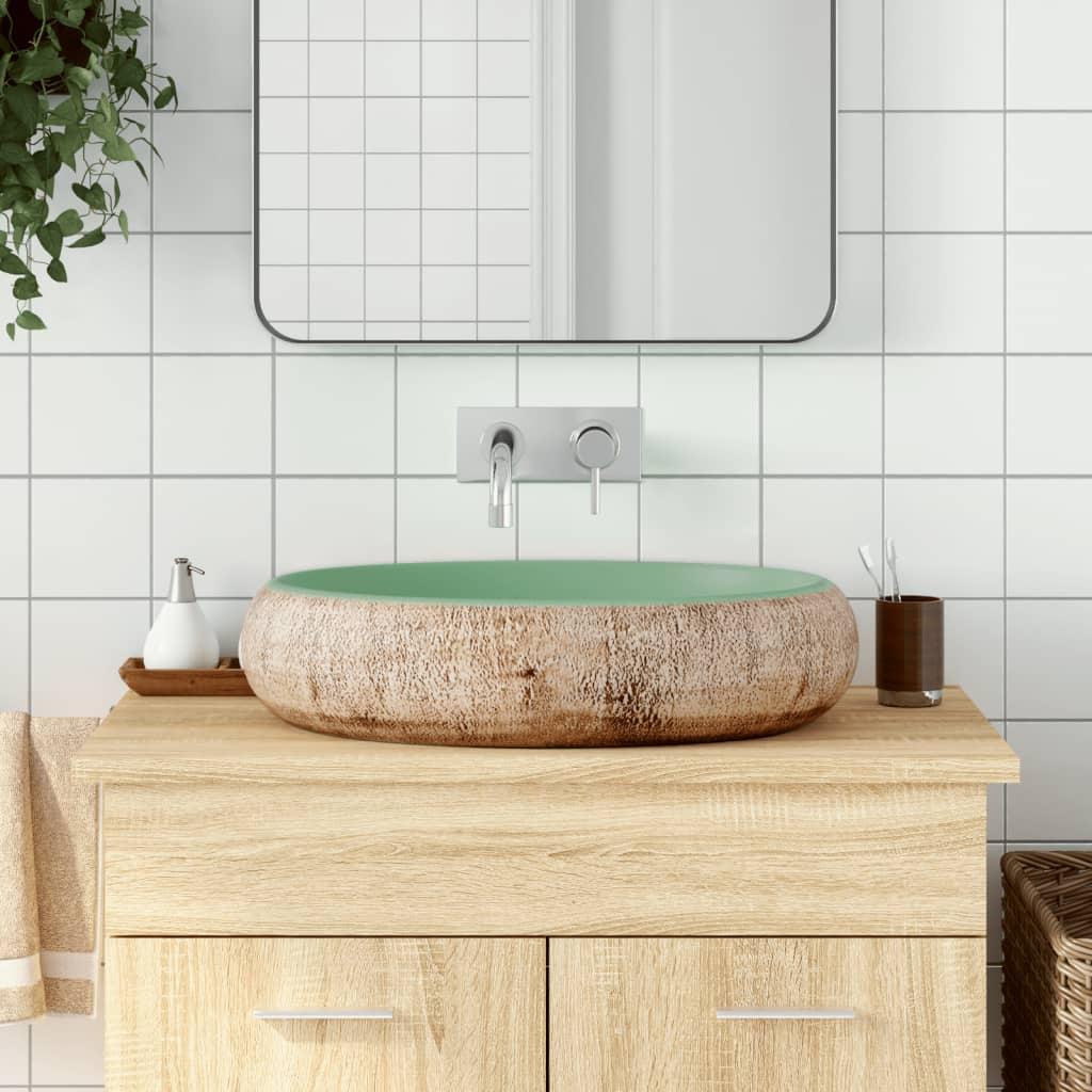 Håndvask til bordplade 59x40x15 cm oval keramik grøn og brun