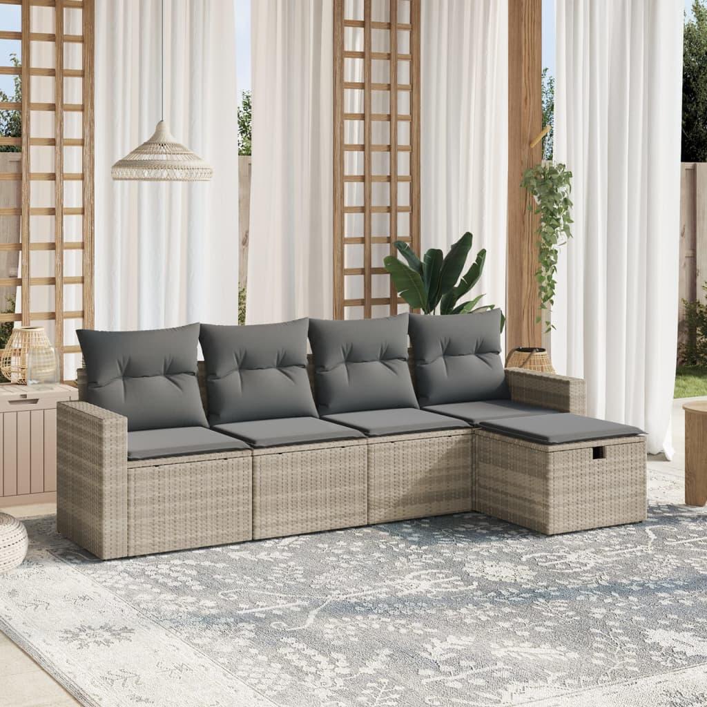 Sofasæt 5 dele med hynder polyrattan lysegrå