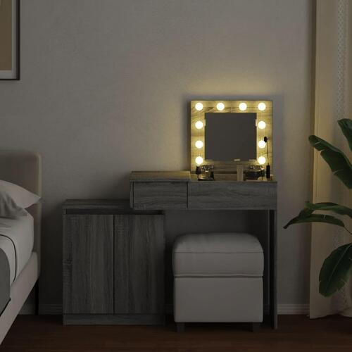 Makeupbord med LED-lys 115x37x110,5 cm grå sonoma-eg