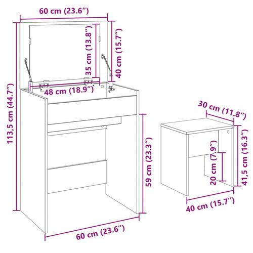 Kosmetikbord med skammel 60x40x113,5 cm hvid