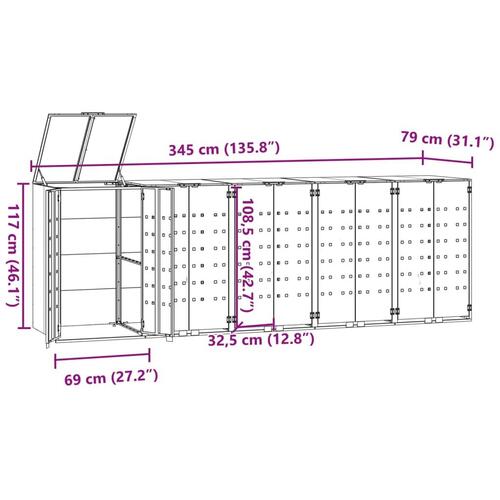 Skraldespandsskjuler 345x79x117 cm 5 rum stål sort