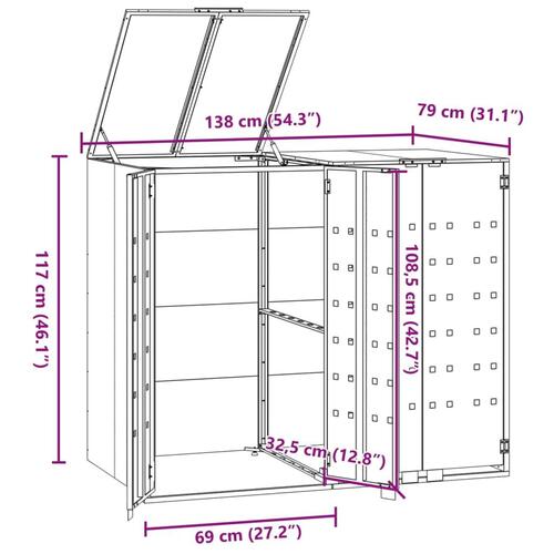 Skraldespandsskjuler 138x79x117 cm 2 rum stål sort