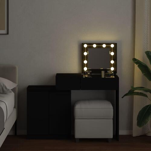 Makeupbord med LED-lys 115x37x110,5 cm sort