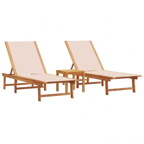 Liggestole 2 stk. med sidebord - massivt akacietræ og textilene, creme
