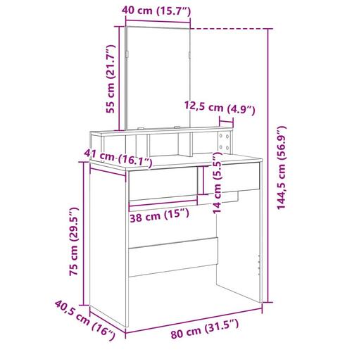 Makeupbord med spejl 80x41x144,5 cm hvid