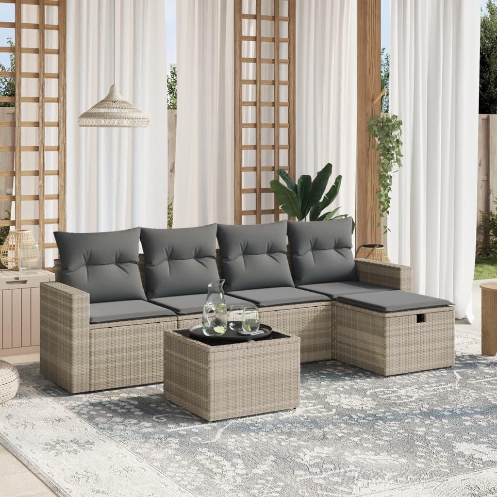 Sofasæt til haven 6 dele med hynder polyrattan lysegrå