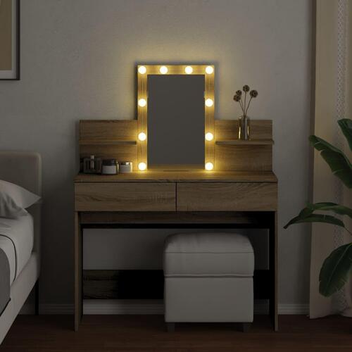 Makeupbord med LED-lys 100x40x130 cm brun sonoma-eg