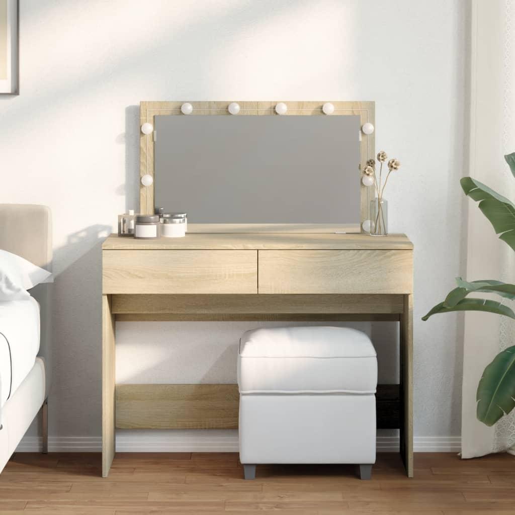 Makeupbord med LED-lys 100x40x120 cm brun sonoma-eg