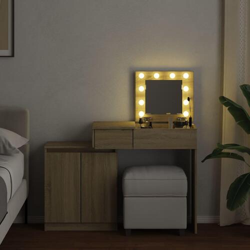 Makeupbord med LED-lys 115x37x110,5 cm brun sonoma-eg