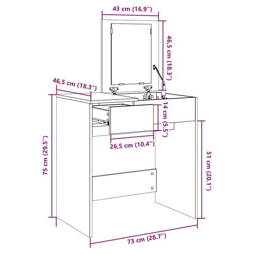 Makeupbord med spejl 73x46,5x120 cm hvid