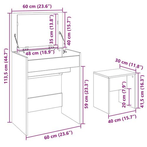 Kosmetikbord med skammel 60x40x113,5 cm røget egetræsfarve